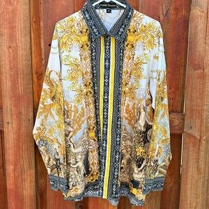 Public Denim White-Gold-Black Print Design Button Down Shirt Size 2X